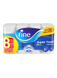 Buy Kitchen Paper Towel Super Pro, Sterilized Tissues For Germ Protection, Half Perforated 60 Sheets x 3 Ply, 8 Rolls White 26.5 x21cm in UAE