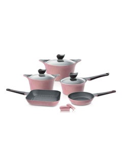 اشتري طقم قدور 8 قطع بغطاء زجاج وردي Pots: 20 + 24 /Pot With Handle: 18/Frying Pan: 24/Grill Pan: 28سم في السعودية