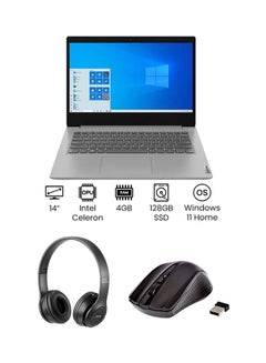 اشتري IdeaPad 3 81WH007AAX Laptop With 14-Inch Display, Celeron Processer/4GB RAM/128GB SSD/Intel UHD Graphics /International Version With Laptop Bag +Wireless Headphone And Mouse English Grey في الامارات