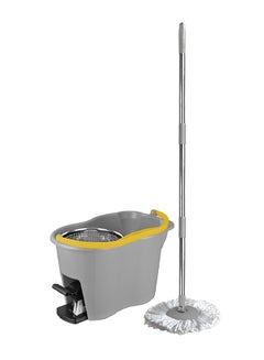 Buy Foot Pedal Spin Mop With Bucket Stainless Steel Wringer And Microfibrer Mop Yellow/Grey 44x31x30cm in UAE