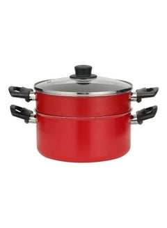 Buy 2-Tier Almunium Non-Stick Steam Aluminium Pot Cookware With Tempered Glass Lid Steam Pot With Bakelite Handles And Knobs Kitchen Steamer Cooker Red 22cm in Saudi Arabia