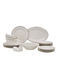 Buy Royalford 28 Piece Premium Bone China Dinner Set- RF11048| Includes Oval Plate, Dinner Plates, Soup Plates, Flat Plates, Salad Bowls, Bowls, and Salt and Pepper Pots Black in UAE