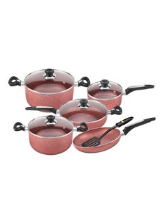 Buy 10-Piece Granite Coated Aluminum Cookware Induction Base With Glass Lid Set Red in Saudi Arabia