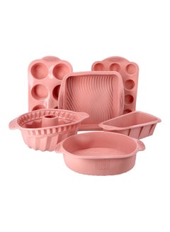 اشتري 6-Piece Silicone Bakeware Non-Stick Bakeware Oven Safe Pan Loaf Pan Round Pan Square Pan Bundt Pan 6 Cups Muffin Pan Pink في الامارات