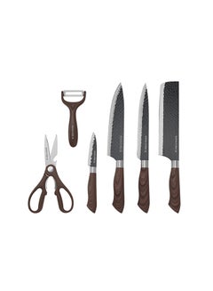 اشتري 6-Piece Kitchen Knife Set With Non-Stick Coating Extra-Short Stainless-Steel Blades With Premium-Quality Pp Handle With Tpr Wood Finish Brown 1.02kg في الامارات