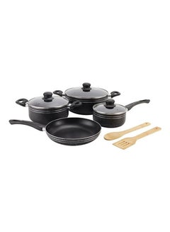 اشتري 9-Piece Aluminum Body With 3-Layer Construction PFOA-Free Bakelite Handles And Glass Lid Non-Stick Interior and Granite Exterior Cookware Set Includes Casserole Saucepan Fry Pan Bamboo Kitchen Tools Black 24x10 cm في الامارات