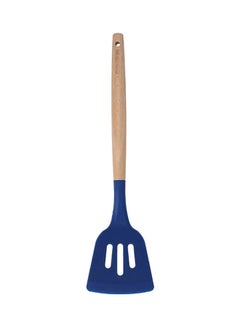 Buy Silicone Slotted Turner, Wooden Handle, RF10651 | Heat Resistant Slotted Spatula | Non Stick Flexible Large Spatula for Cooking Flipping Pressing Fish Eggs Pancakes Blue/Brown in UAE