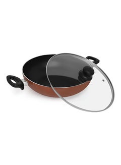 Buy Non-Stick Wok Pan With Lid Black/Brown/Clear 32cm in Saudi Arabia