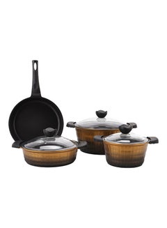 اشتري 7 Piece Aluminum Cookware Set Includes Deep Pots Short Pots Frypan Die-Cast Aluminum Body with Extra Thick Base and Non-Stick Interior Extended Handles with Silicone Sleeve and Bakelite Handles and Glass Lid Gold في الامارات