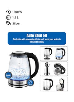 Buy 1.8 L Cordless Kettle - Glass Kettle with Safety Lock Lid | 360-degree Swivel Base - Auto Shutdown, Power On/Off Indicator Light Feature | Instant Water Heater And Tea Maker 1.8 L 1500 W SKT-1809 Silver in UAE