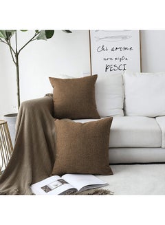 Buy 2 Pieces Square Linen Decorative Cushion Set Solid Design Brown 45x45cm in Saudi Arabia