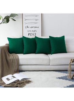 Buy 4 Pieces Square Linen Decorative Cushion Set Solid Design Dark Green in Saudi Arabia
