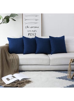 Buy 4 Pieces Square Linen Decorative Cushion Set Solid Design Linen Dark Blue 45x45cm in Saudi Arabia