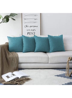 Buy 4 Pieces Square Linen Decorative Cushion Set Solid Design Turquoise in Saudi Arabia