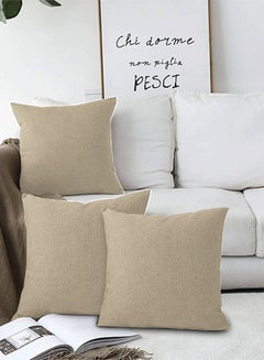 Buy 3 Pieces Square Linen Decorative Cushion Set Solid Design Light Beige 65x65cm in Saudi Arabia