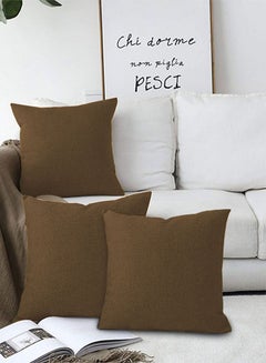 Buy 3 Pieces Square Linen Decorative Cushion Set Solid Design Brown 65x65cm in Saudi Arabia