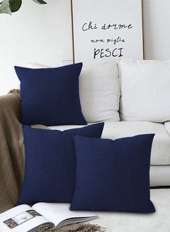 Buy 3 Pieces Square Linen Decorative Cushion Set Solid Design Dark Blue 65x65cm in Saudi Arabia