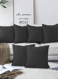 Buy 6 Pieces Square Linen Decorative Cushion Set Solid Design Dark Grey in Saudi Arabia