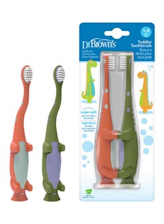 Buy Pack Of 2 Toddler Toothbrush, Dinosaur, Green/Orange in UAE
