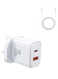 اشتري 20W USB C PD Fast Charger, Dual Port Type-C QC3.0 Wall Adapter UK Plug, Compatible With Iphone 14/13/12 Series, Galaxy, Pixel 4/3, Ipad Pro, AirPods Pro (With Cable) White في مصر