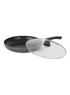 اشتري Aluminum Fry Pan With Tempered Glass Lid Strong Aluminum Body With Non Stick Coating And Bakelite Handle Compatible With Hot Plate Halogen Ceramic And Gas Stovetops Grey 28سم في الامارات