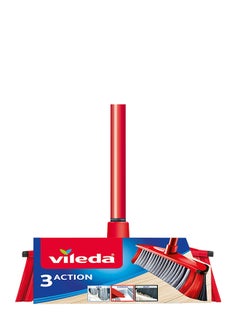 اشتري - 3action Indoor Floor Broom With Stick,Three Different Types Of Fibers, Powerful Bristle,  Versatile Rubber Broom, Lightweight, Red & Black, 30 X 6 X 139 Red/Black في الامارات