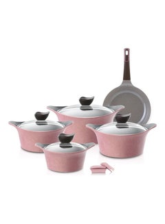 Buy 9 Piece Eni Granite Cookware Set Glass Cover Pink 20 cm molded casserole with glass lid + 22 cm saucepan with glass lid + 24 cm molded casserole with glass lid + 26 cm molded casserole with glass lid + 26 cm cast iron skillet from Tele + silicone handles (1 pair per set) in Saudi Arabia