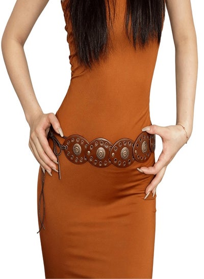 Vintage Western Wide Disc Belt PU Leather Chunky Waist Belt Women Amazon.com: Women Wide Boho Disc Leather Belt Vintage  main image 3