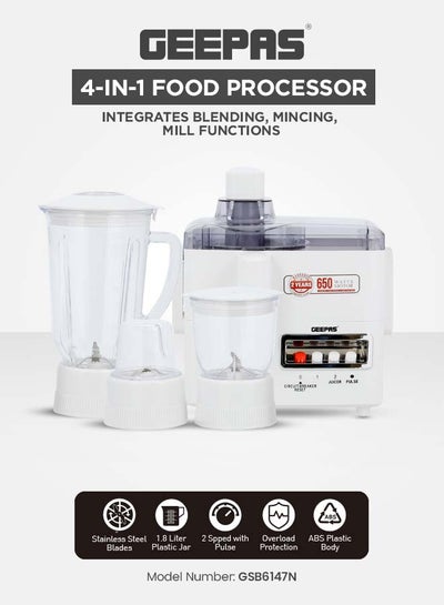 Buy Multi-Functional 4-In-1 Food Processor (Juicer/Blender/ Grinder & Chopper) With Plastic Jar With SS Blades,2 Speed Control With Pulse 1.8 L 650 W GSB6147N White in Saudi Arabia