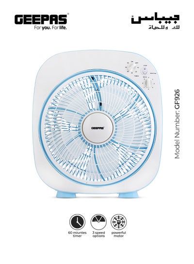 Buy 12 Inch High Performance Box Fan With 3-speed Controls and 5 Leaf Blades, Adjustable Pitch Angle and Timer for Efficient Cooling GF926 Blue/White in UAE