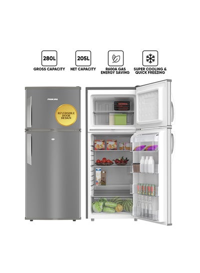 Buy 280L Gross / 205 Net, Double Door Top Mount Refrigerator, 2 Glass Shelves And Bottle Storage Racks, Power Saving R600A Gas, CFC Free, Silent Operation Best For Home, Office With Child Lock Key 280 L 574 kW NRF280DN5S Grey in UAE