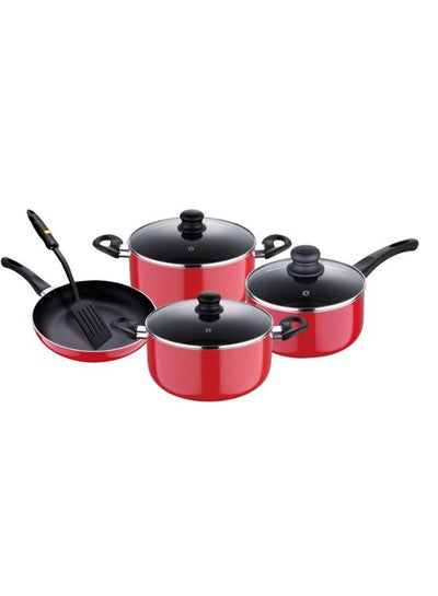 Buy 8-Piece Aluminum Scartch-Resistant, Non-Stick Coated High-Grade Aluminium, Works With Most Hobs Cookware Set Includes 3xCaaserole With Lids, 1xFrying Pan, 1xSpatula Red/Clear Standard in Saudi Arabia