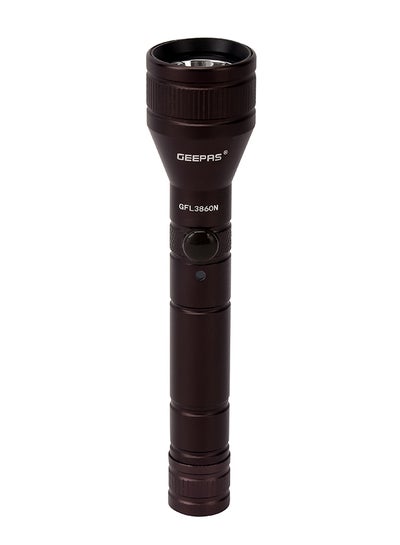 Buy Geepas Rechargeable LED Flashlight- GFL3860| Light Source: CREE LED, High Grade Aluminum Alloy Housing| Perfect for Indoor and Outdoor Use, 200,000 Hours Guaranteed Life for Bulb, 2 Hours Working Time| Rechargeable Li-ion Battery Torch Light with Charging Indicator| Black Black 152mm in UAE