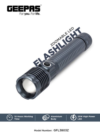 Buy Zoomable LED Flashlight with 25W High Power LED, Aircraft-Grade Aluminum Body, Type-C Charging Grey 287mm in Saudi Arabia