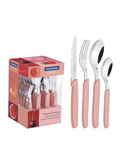 Buy Carmel 24 Pieces Stainless Steel Flatware Set with Pink Polypropylene Handles Pink/Silver in UAE