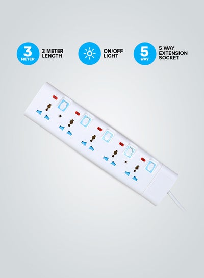 Buy 5 Way Extension Socket 13A – 4 Power Switches with Led Indicators | Extra Long 3m Cord with Over Current Protected | Ideal for All Electronic Devices White in UAE