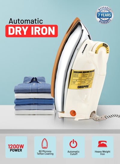 اشتري Automatic Dry Iron- GDI23011| Iron Box with Temperature Settings Dial and Auto Shut Off Function| Super Deluxe Heavy Weight Iron Box, Suitable for All Kinds of Fabric| Equipped with Teflon Coating| 7 Years Warranty, White and golden 2.5 kg 1200.0 W GDI23011 White/Silver/Gold في السعودية