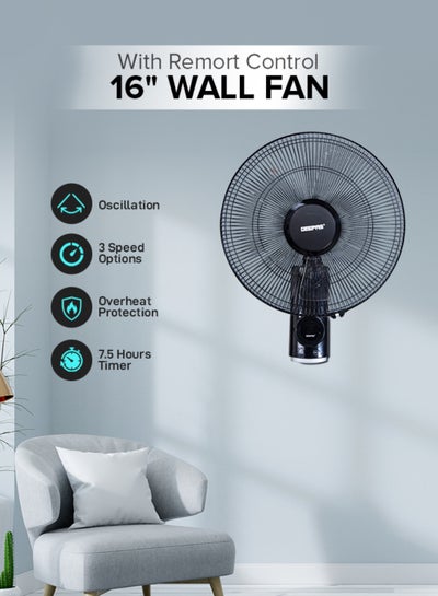 Buy 16 Inch Wall Fan With Remote Control,3 Speed Options, 5 Pcs AS Blade, 12 Hours Timer Wide Oscillation and Oveheat Protection Durable Metal Grill 60 W GF9479N Black in UAE