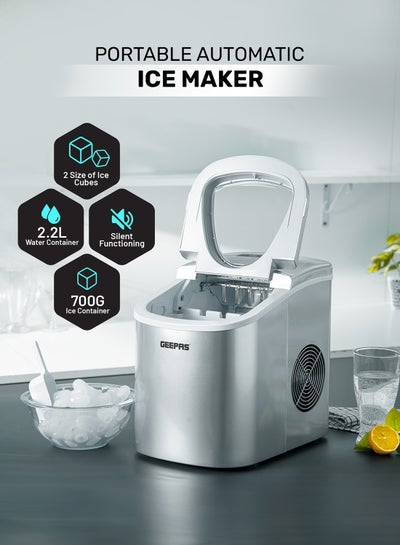 Buy Portable Automatic Ice Maker 12Kg in 24hrs | Two Sizes Ice Cube | Auto Shut Off | Portable Ice Maker | Electric Ice Maker for Home/ Kitchen/ Office/ Bar/ Party 2.2 L 100 W GIM63015UK Silver in UAE