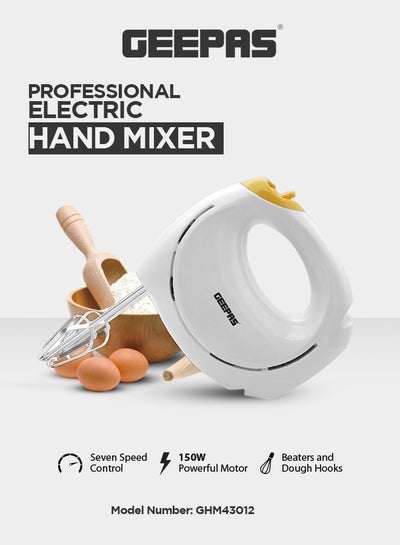 Buy Hand Mixer - Professional Electric Handheld Mixer for Baking - 7 Speed Function, Includes Stainless Steel Beaters & Dough Hooks, Eject Button 150 W GHM43012 White/Yellow in Saudi Arabia