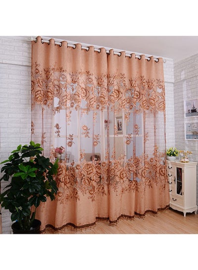 Buy 2-Piece Hollow Peonies Washable Window Curtain With Eyelets Brown 250 x 100cm in UAE