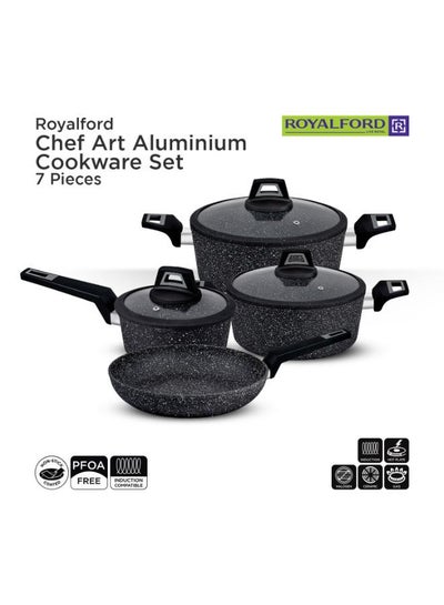 Buy 7 Pieces Black Chefart Aluminium Cookware Set Granite Coated Induction Bottom 2.5Mm Body Thickness Soft Touch Handles Tempered Glass Lid 54X20X33Cm Multicolor Black 28x12,24x10,28x5.3,16x7cm in UAE