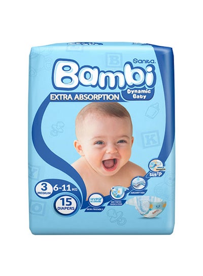 Buy Baby Diapers, Size 3, 6 - 11 Kg, 15 Count - Medium, Regular Pack, Now Thinner And More Absorbent in UAE