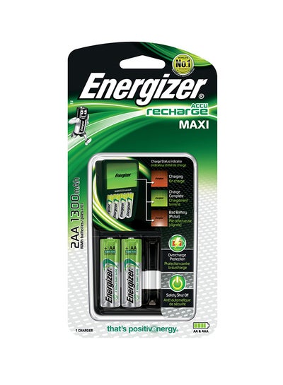 Buy Energizer Charger Maxi for AA & AAA Batteries With 2 AA Rechargeable Batteries Silver/Black/Green in Saudi Arabia