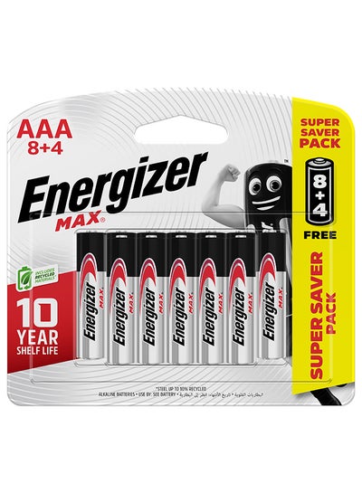 Buy Energizer Max 1.5V Alkaline batteries - AAA  Promo Pack Of 8+4 Silver/Black/Red in Saudi Arabia