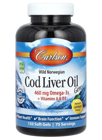 Buy Natural Lemon Flavor Cod Liver Oil Gems - 150 Soft Gels in UAE