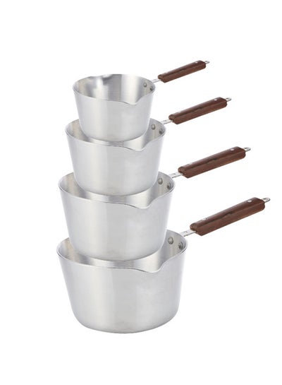 Buy 4-Pieces Aluminium Milk Pan With Wood Handle Set Silver/Brown 3ml in UAE