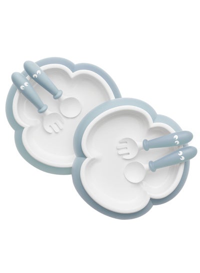 Buy Pack Of 2 Baby Plate, Spoon With Fork For Feeding Powder Blue And White in UAE