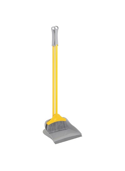 Buy Long Handle Upright Dustpan And Broom Sweep Set Yellow/Grey 27x27x92cm in UAE