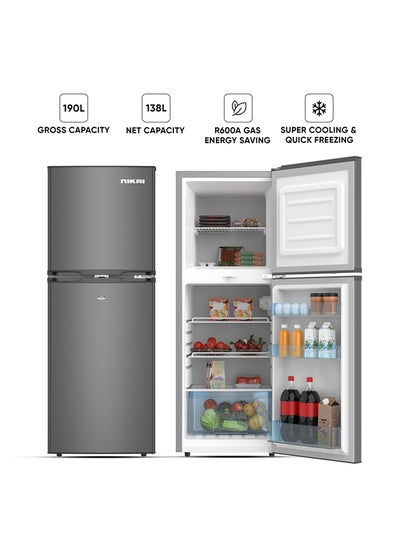 Buy 190L Gross / 138L Net, Double Door Refrigerator With Vegetable Crisper And Adjustable Glass Shelves, Convenient Defrosting And Temperature Control, Ideal For Kitchen, Bedroom, Office And Hotels 190 L 138 kW NRF190DN4S Grey in UAE